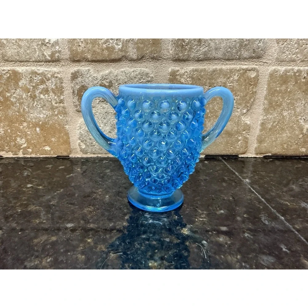 Fenton Blue Opalescent Art Glass‎ Hobnail Sugar Bowl 3.25